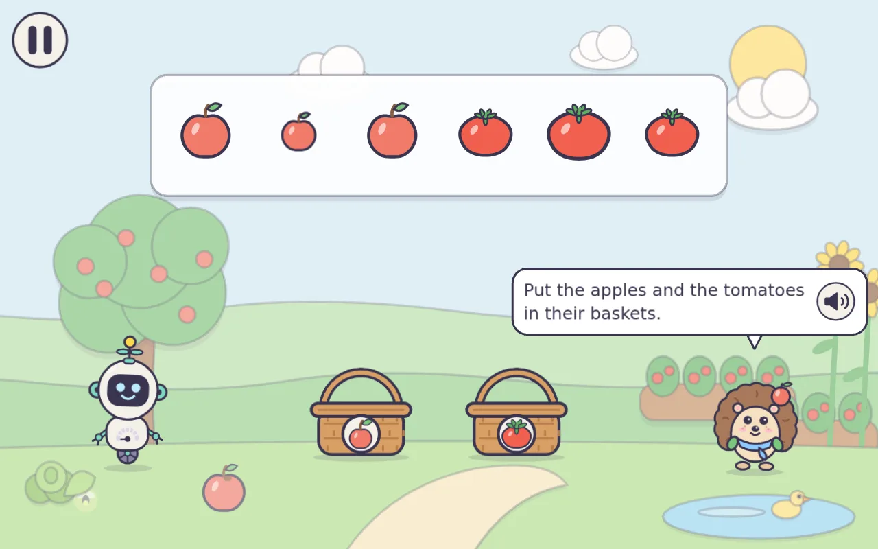 Game screen: Kipibo the robot and Pip the hedgehog sort apples and tomatoes into baskets