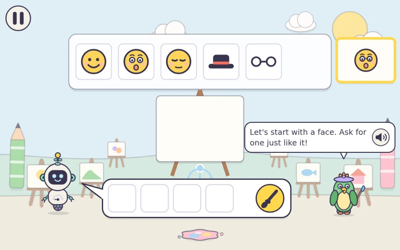 Game screen: Toto the parrot asks the child to build a clear request so Kipibo draws the right face